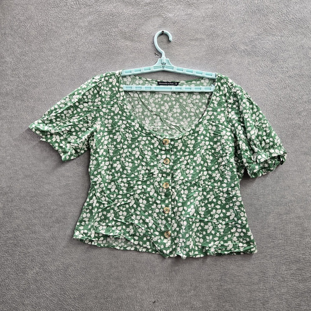 Abercrombie & Fitch Women Blouse XL‎ Green Floral Peasant Button Scoop